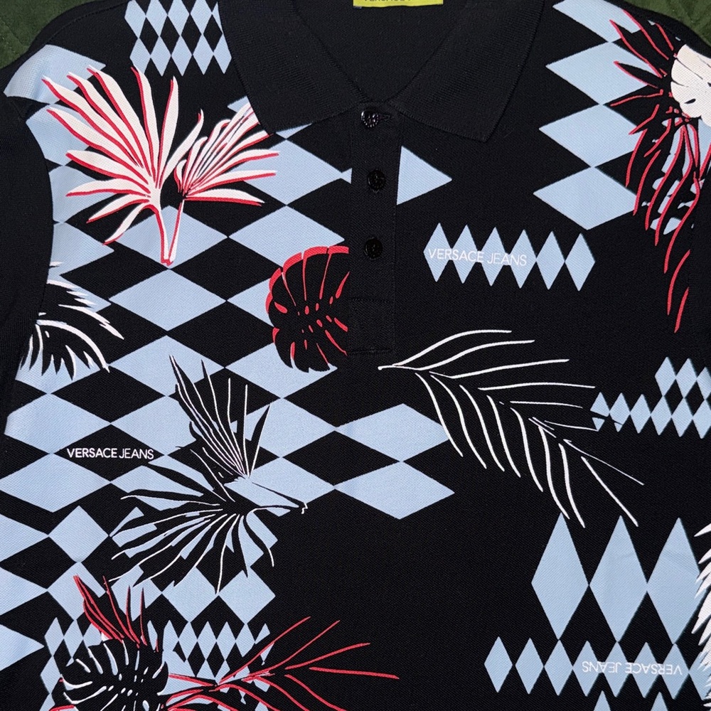 Versace Jeans Collection Black Polo with Red and White Patterns